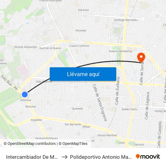 Intercambiador De Moncloa to Polideportivo Antonio Magariños map