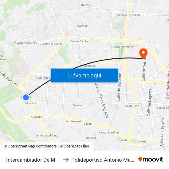 Intercambiador De Moncloa to Polideportivo Antonio Magariños map