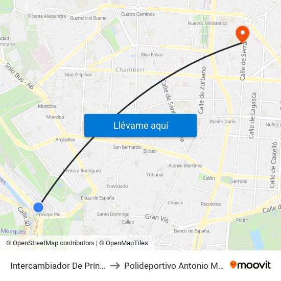 Intercambiador De Príncipe Pío to Polideportivo Antonio Magariños map