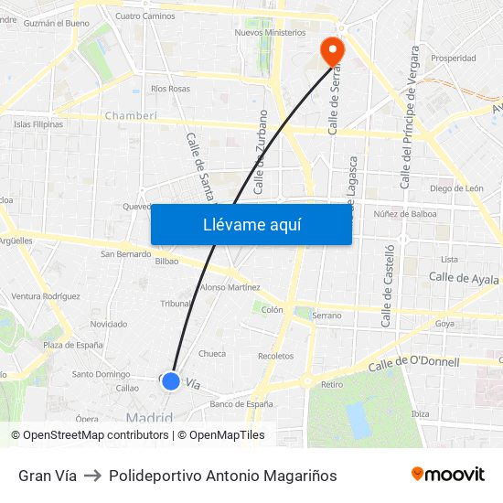 Gran Vía to Polideportivo Antonio Magariños map