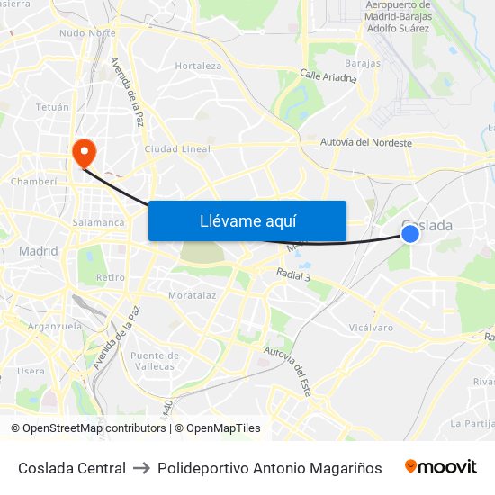 Coslada Central to Polideportivo Antonio Magariños map