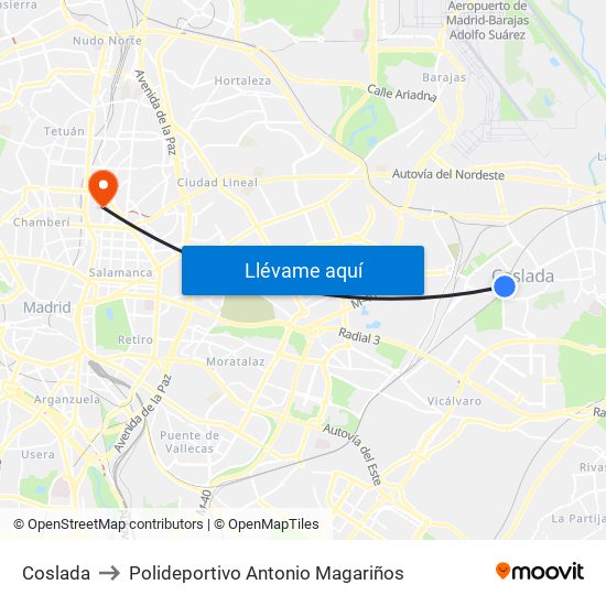Coslada to Polideportivo Antonio Magariños map