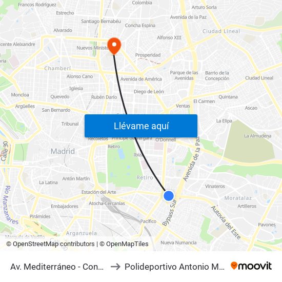 Av. Mediterráneo - Conde Casal to Polideportivo Antonio Magariños map