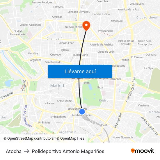 Atocha to Polideportivo Antonio Magariños map