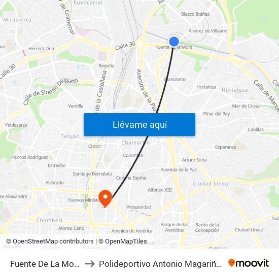 Fuente De La Mora to Polideportivo Antonio Magariños map