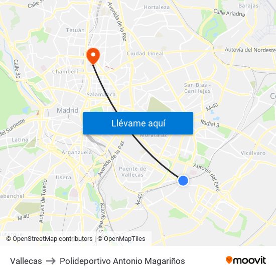 Vallecas to Polideportivo Antonio Magariños map