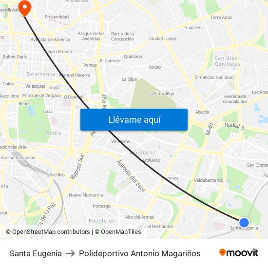 Santa Eugenia to Polideportivo Antonio Magariños map