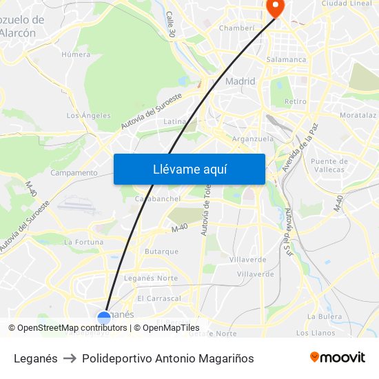 Leganés to Polideportivo Antonio Magariños map