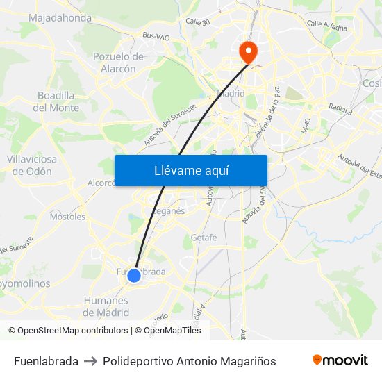 Fuenlabrada to Polideportivo Antonio Magariños map