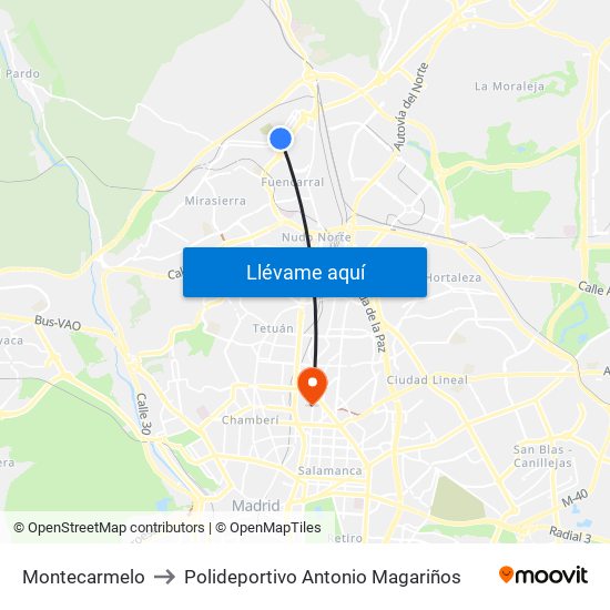 Montecarmelo to Polideportivo Antonio Magariños map
