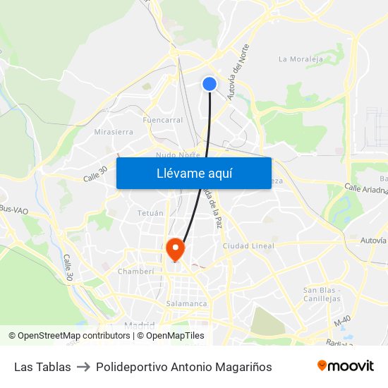Las Tablas to Polideportivo Antonio Magariños map