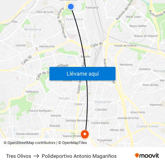Tres Olivos to Polideportivo Antonio Magariños map