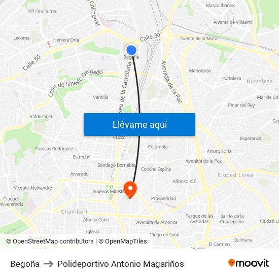 Begoña to Polideportivo Antonio Magariños map