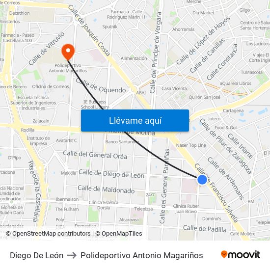 Diego De León to Polideportivo Antonio Magariños map