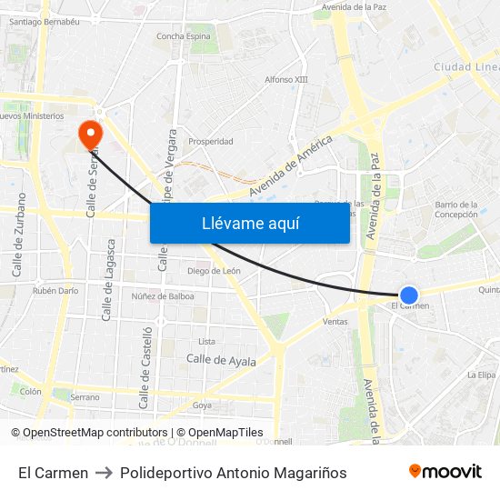 El Carmen to Polideportivo Antonio Magariños map