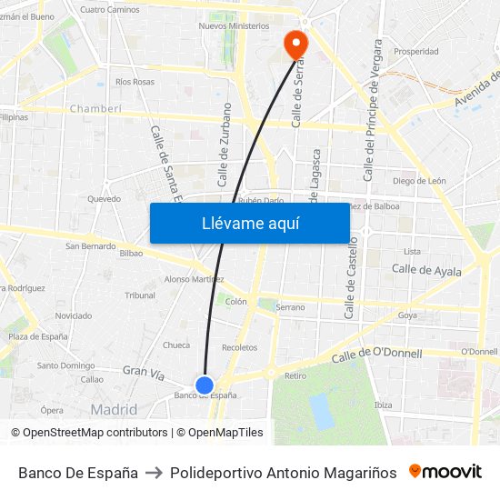 Banco De España to Polideportivo Antonio Magariños map