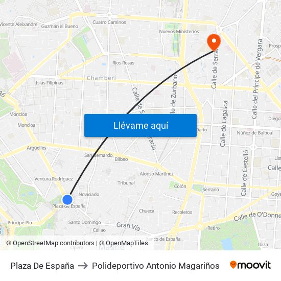 Plaza De España to Polideportivo Antonio Magariños map
