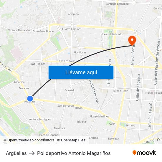 Argüelles to Polideportivo Antonio Magariños map