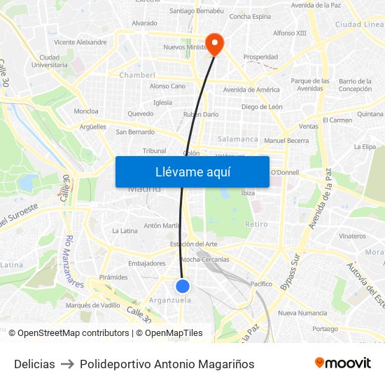 Delicias to Polideportivo Antonio Magariños map