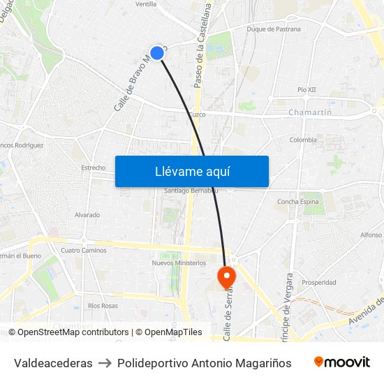 Valdeacederas to Polideportivo Antonio Magariños map