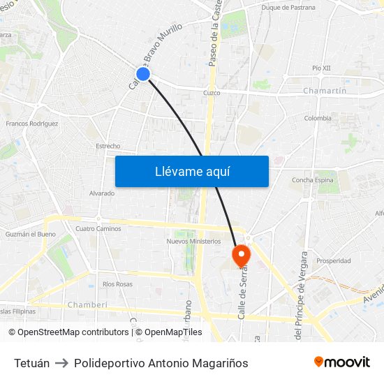 Tetuán to Polideportivo Antonio Magariños map