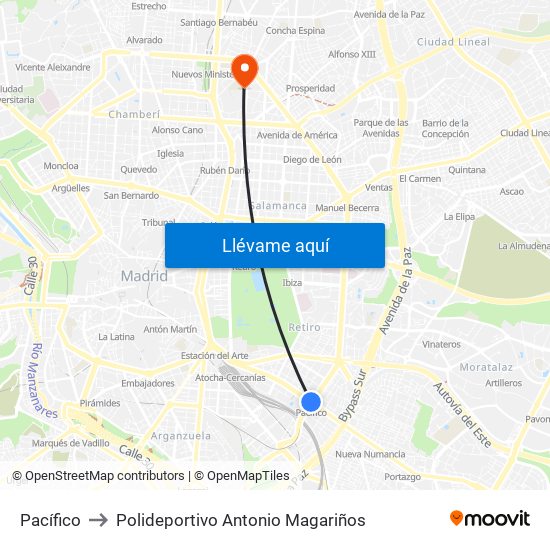 Pacífico to Polideportivo Antonio Magariños map