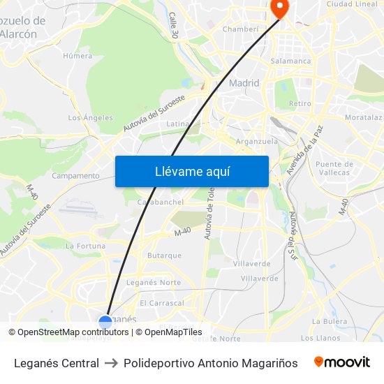 Leganés Central to Polideportivo Antonio Magariños map