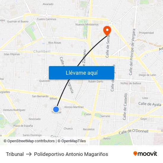 Tribunal to Polideportivo Antonio Magariños map