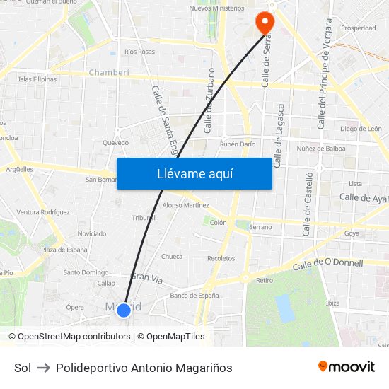Sol to Polideportivo Antonio Magariños map