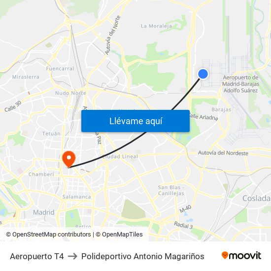 Aeropuerto T4 to Polideportivo Antonio Magariños map