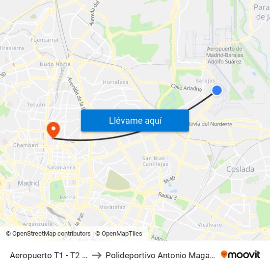 Aeropuerto T1 - T2 - T3 to Polideportivo Antonio Magariños map