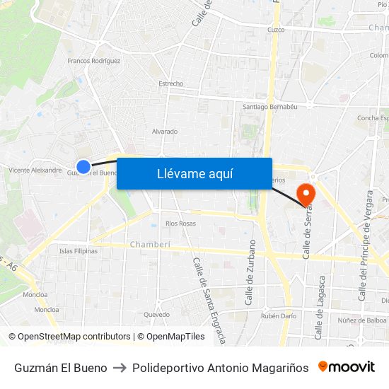 Guzmán El Bueno to Polideportivo Antonio Magariños map