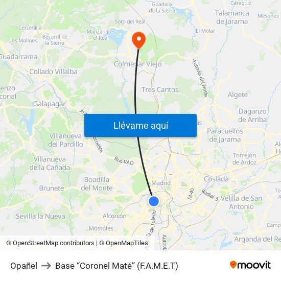 Opañel to Base “Coronel Maté” (F.A.M.E.T) map