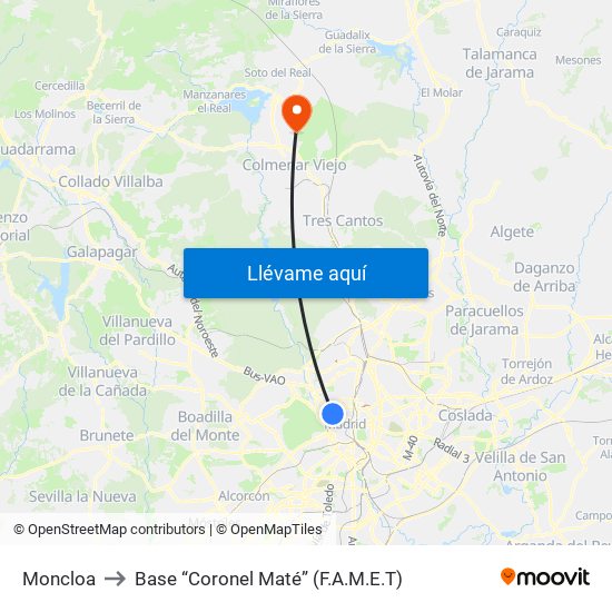 Moncloa to Base “Coronel Maté” (F.A.M.E.T) map