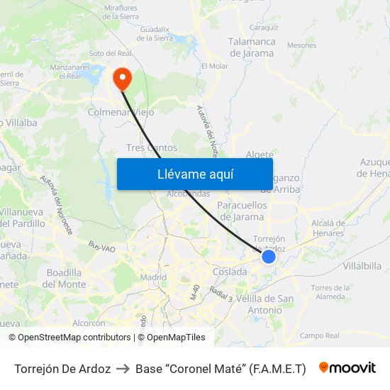Torrejón De Ardoz to Base “Coronel Maté” (F.A.M.E.T) map