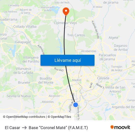 El Casar to Base “Coronel Maté” (F.A.M.E.T) map