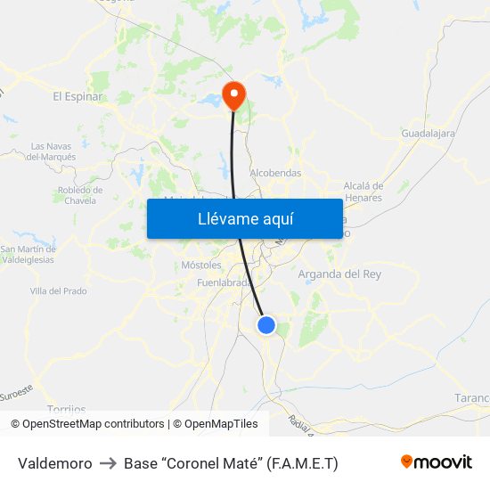 Valdemoro to Base “Coronel Maté” (F.A.M.E.T) map