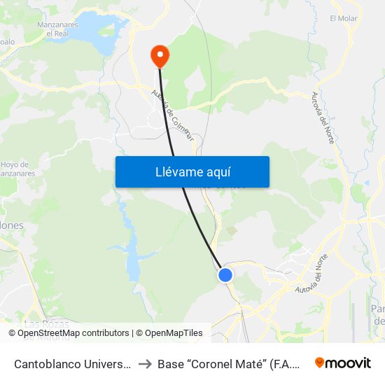Cantoblanco Universidad to Base “Coronel Maté” (F.A.M.E.T) map