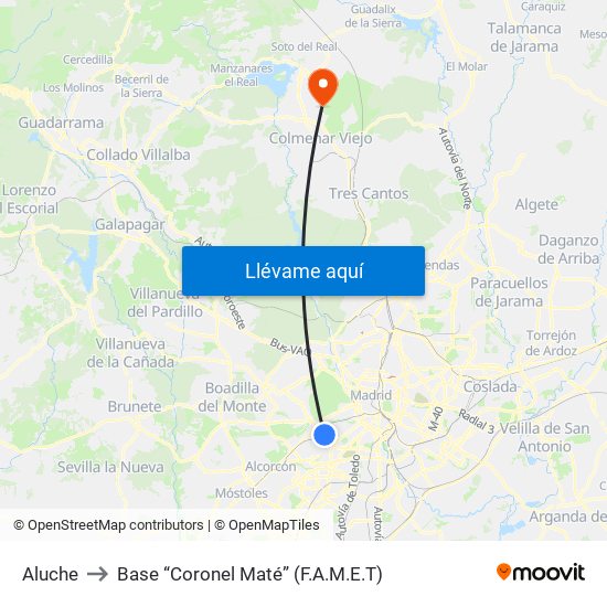 Aluche to Base “Coronel Maté” (F.A.M.E.T) map