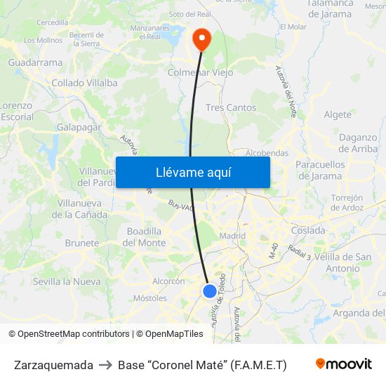 Zarzaquemada to Base “Coronel Maté” (F.A.M.E.T) map