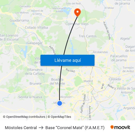 Móstoles Central to Base “Coronel Maté” (F.A.M.E.T) map