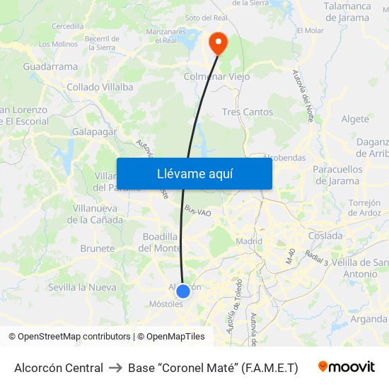 Alcorcón Central to Base “Coronel Maté” (F.A.M.E.T) map