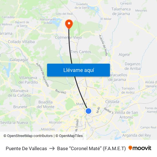 Puente De Vallecas to Base “Coronel Maté” (F.A.M.E.T) map