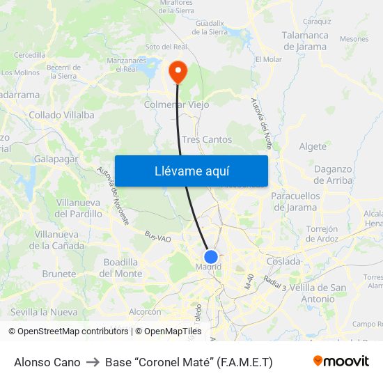 Alonso Cano to Base “Coronel Maté” (F.A.M.E.T) map