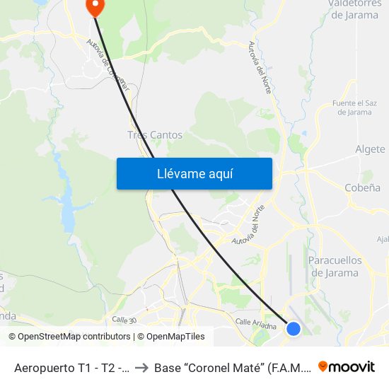 Aeropuerto T1 - T2 - T3 to Base “Coronel Maté” (F.A.M.E.T) map
