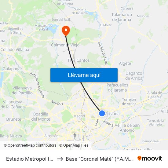 Estadio Metropolitano to Base “Coronel Maté” (F.A.M.E.T) map