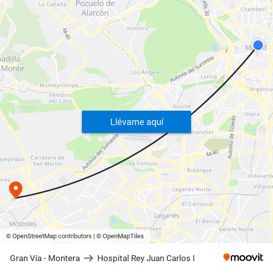 Gran Vía - Montera to Hospital Rey Juan Carlos I map