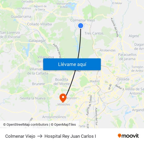 Colmenar Viejo to Hospital Rey Juan Carlos I map