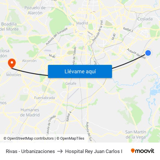 Rivas - Urbanizaciones to Hospital Rey Juan Carlos I map