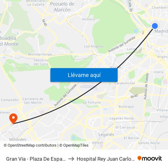 Gran Vía - Plaza De España to Hospital Rey Juan Carlos I map